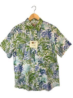 Paradise Key Mens Green Leaf Print Hawaiian Button-Up Shirt 100% Cotton NWT